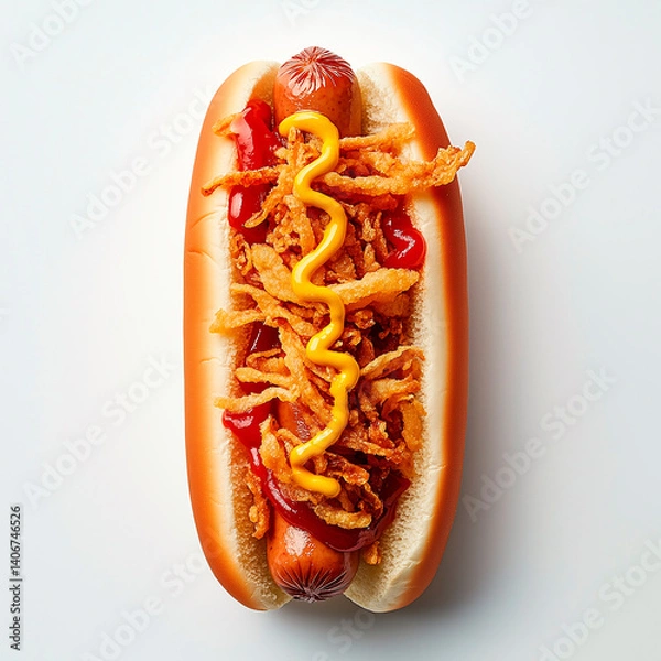 Obraz photo of a juicy hot dog with fried sausage, ketchup, mustard and fried onions