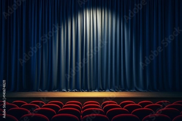 Obraz Empty theater stage with spotlight on closed blue curtain and red seats in foreground, perfect mockup for dramatic or business presentation scene.