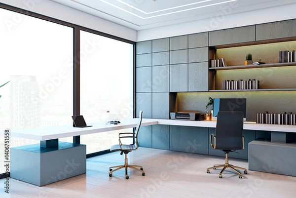 Obraz Modern corporate office interior with large windows, minimalist furniture, and built-in shelving in a high-rise building with city view. 3D Rendering