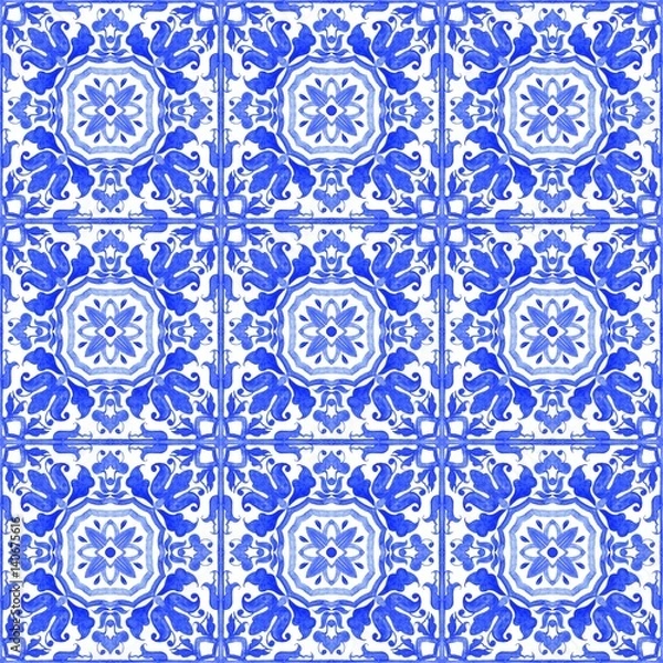 Fototapeta Portuguese azulejo tiles. Blue and white gorgeous seamless patterns. For scrapbooking, wallpaper, cases for smartphones, web background, print, surface texture, pillows, towels, linens bags T-shirts