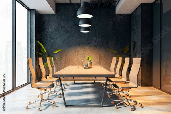 Obraz Modern office meeting room with minimalist furniture, large windows, and ambient lighting in a high-rise building interior setting. 3D Rendering