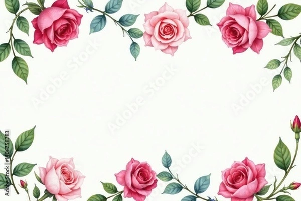 Obraz Delicate watercolor roses and leaves, repeating pattern , spring, background image, pretty