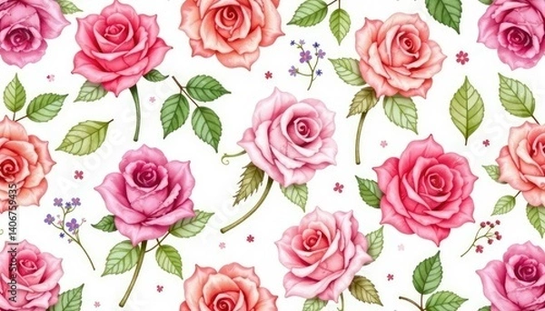 Obraz Delicate watercolor roses in soft pastel hues, forming a repeating pattern , floral, leaves, bud