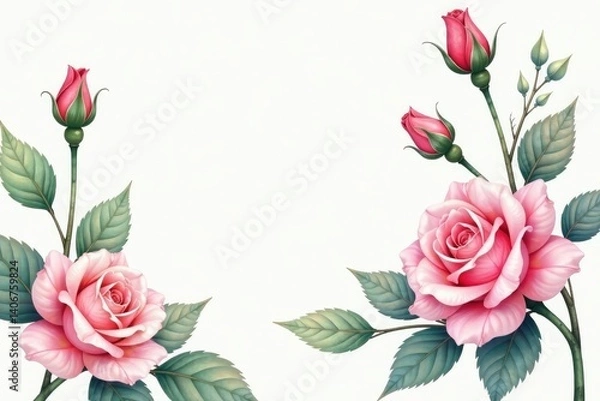 Obraz Delicate watercolor roses, leaves, and buds in soft pastel hues , repeat, fabric