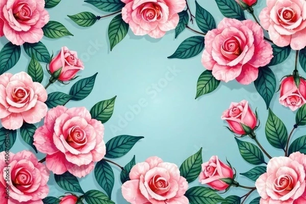 Obraz Delicate watercolor roses & leaves, repeating pattern , background, watercolor, repeat
