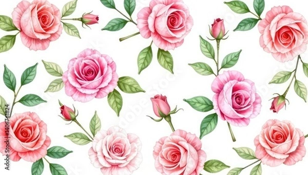 Obraz Delicate watercolor roses & leaves, repeating pattern, texture, flower, seamless pattern
