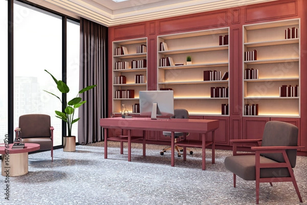 Obraz Executive office interior with luxury furniture, large window view, elegant design, and modern workspace setup featuring computer and bookshelves. 3D Rendering