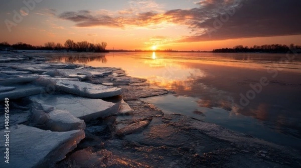 Fototapeta Bright orange and yellow hues fill the sky as the sun sets over a frozen lake. Ice formations line the shore, reflecting the vibrant colors in the calm water