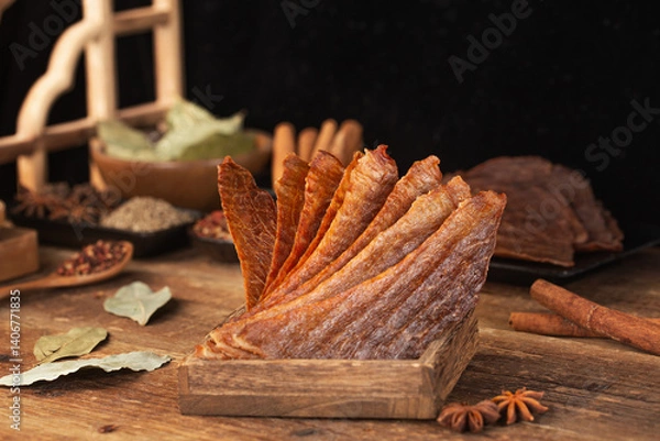 Obraz Pork crisps are placed on a wooden table