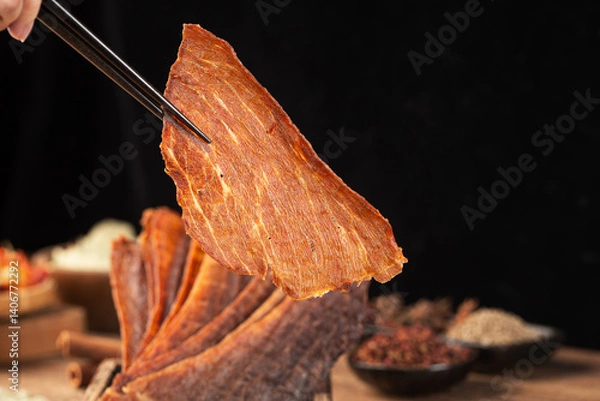Obraz Pork crisps are placed on a wooden table