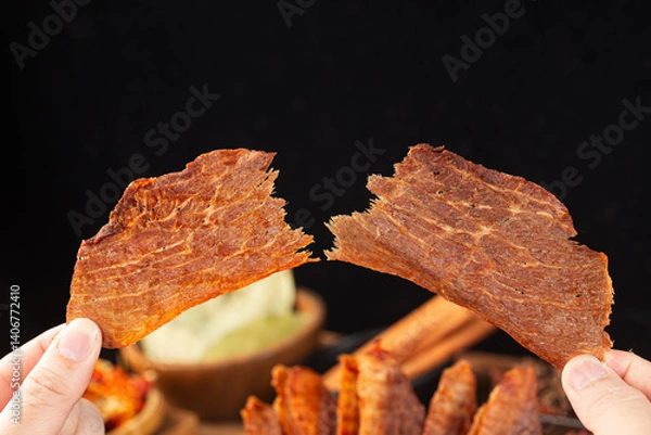 Obraz Pork crisps are placed on a wooden table