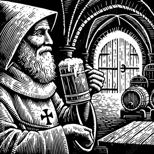 Fototapeta Benedictine Monk with Beer. Woodcut-style illustration of a Benedictine monk holding a beer stein in a cellar with barrels.