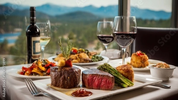 Fototapeta This setting showcases a gourmet steak dish accompanied by wine and various side dishes, with a stunning mountain backdrop visible through large windows during sunset