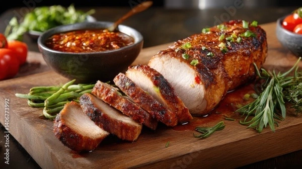 Fototapeta Sliced roasted pork loin showcases its juicy texture and flavor, accompanied by a rich sauce, fresh herbs, and colorful vegetables on a rustic wooden board