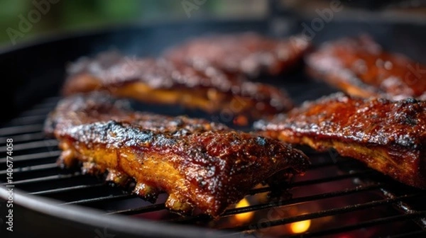 Fototapeta Succulent barbecue ribs are sizzling on a grill, coated with a shiny glaze as the sunlight warms the backyard setting. Smoke rises and enhances the savory aroma