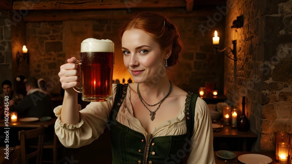 Obraz Eine selbstbewusste mittelalterliche Frau mit zurückgebundenem braunem Haar, einem dunkelgrünen Korsett und einer Leinenbluse, erhebt einen Krug Bier zu einem freundlichen Toast. KI Generated