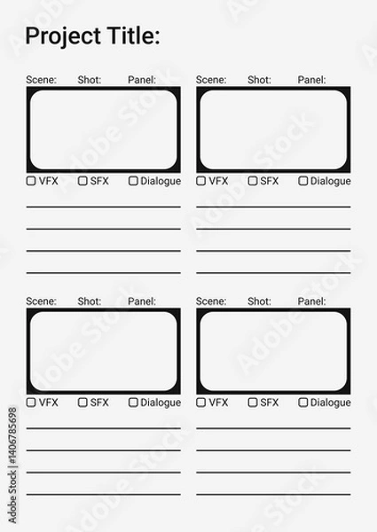 Fototapeta Professional film storyboard template with 16:9 frames. Perfect for Filmmakers, Designers & Animators. Movie storyboard layout, ideal for scene planning. A4 size template for filmmakers and designers