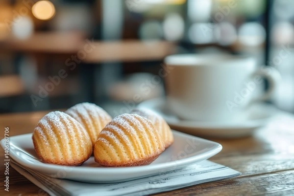 Obraz Fluffy, sugared madeleines on a plate, alongside a cup of coffee.