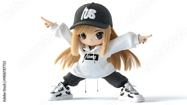 Obraz A cartoon girl with long hair and a black hat with the letters HUB on it. Generated using AI.