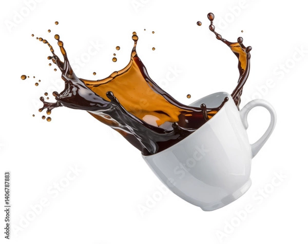 Fototapeta coffee splash in white mug, isolated on white background