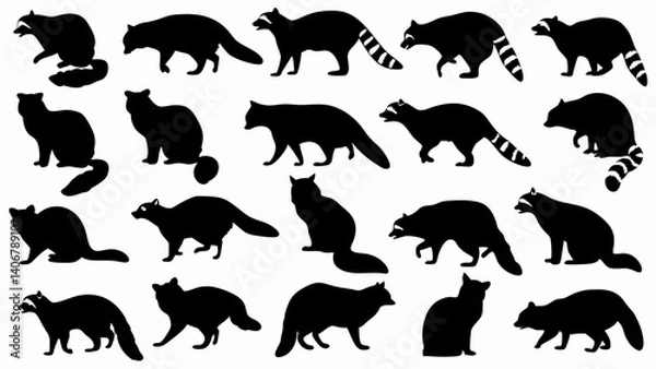 Fototapeta set of raccoon silhouette vector on white background