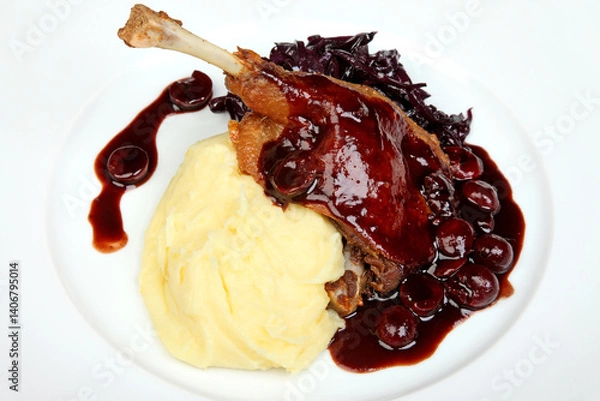 Obraz Roasted Duck Leg with Red Cabbage and Mashed Potatoes