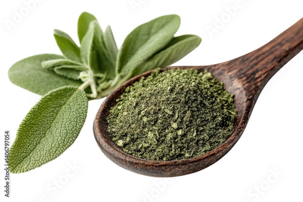 Fototapeta Fresh sage leaves and ground sage in a wooden spoon on a clean background