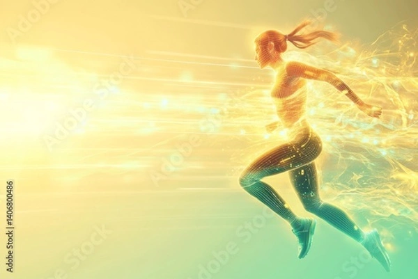 Fototapeta Futuristic female runner in glowing smart sportswear. Biometric light trails, abstract tech background, fast motion, AI-enhanced performance, digital sport concept.