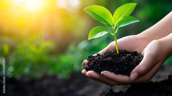 Obraz Gentle hands hold a young green plant in rich soil, glowing in warm sunlight—symbolizing hope and new beginnings.	