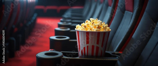 Obraz 映画館のダークな座席とドリンクホルダーに置かれたポップコーン - 映画鑑賞、エンターテイメント、プレミアムシートのクローズアップ