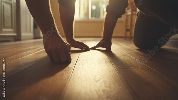 Fototapeta Carpenter installing wooden floorboards in a living room. Featuring floor installation