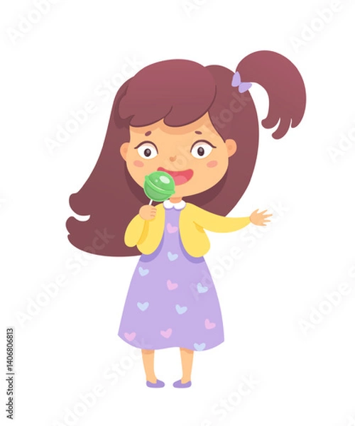 Fototapeta A happy girl with long, wavy brown hair is smiling widely as she enjoys a green lollipop. She wears a purple heart-patterned dress and a yellow cardigan, radiating joy in a colorful cartoon world.