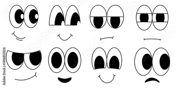 Fototapeta Retro cute cartoon character face set isolated on white background. Black and white style animation art. 50s mascot facial expression graphic