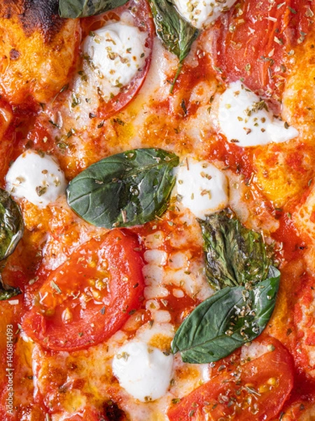 Obraz Classic Margherita pizza with a thin, crispy crust, rich tomato sauce, melted mozzarella, and fresh basil leaves. Served on a rustic wooden board with a warm, textured background, emphasizing its