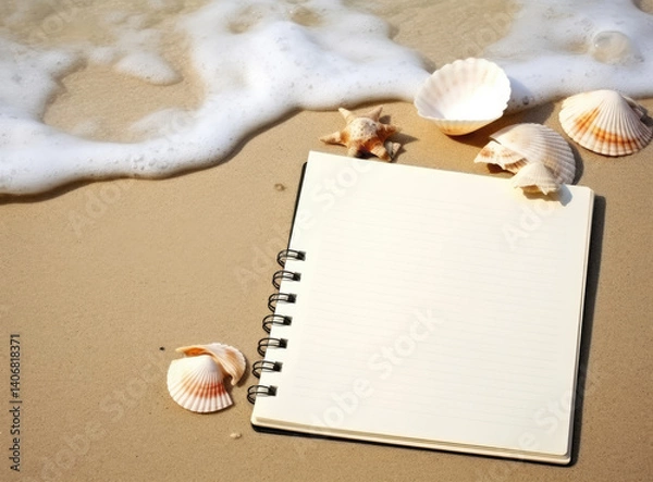Fototapeta A blank notebook sits on a sandy beach, surrounded by seashells and ocean waves, a depiction of coastal serenity.