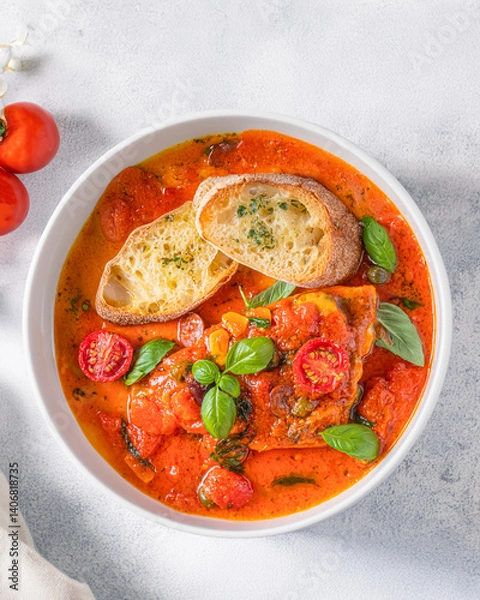 Obraz Top-down view of a bowl of lasagna soup with rich tomato broth, cherry tomatoes, fresh basil, and crispy toasted bread. A warm and comforting Italian-inspired dish, served on a light textured