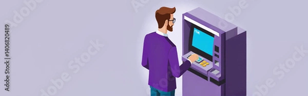 Fototapeta amanwithbeardusinganATMmachine-heiswearingaglassesandpurplejacket-cashandacardarevisible-thescreenoftheATMisblue