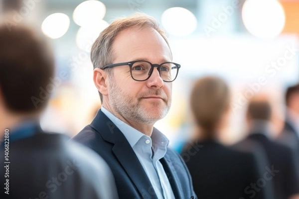 Obraz Blurred motion of business professionals networking at a corporate event trade show