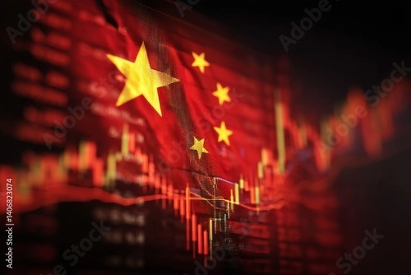 Fototapeta Chinese flag overlaid with financial stock market graphs and data in red tones. Symbolic image for economy, finance, investment, market analysis, and business in China.