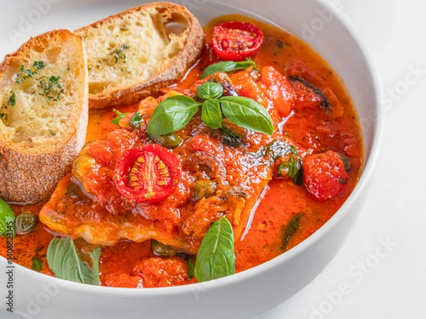 Obraz A bowl of lasagna soup with a rich tomato broth, cherry tomatoes, fresh basil, and toasted bread slices. Served in a white bowl on a textured light grey background. A comforting and hearty Italian