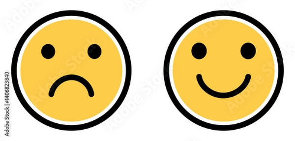 Fototapeta Happy and sad emoji vector icon. Face smile icon positive, negative neutral opinion vector signs symbol. Simple flat shape happy and sad emotion logotype. Yellow smileys with bold outline icon.
