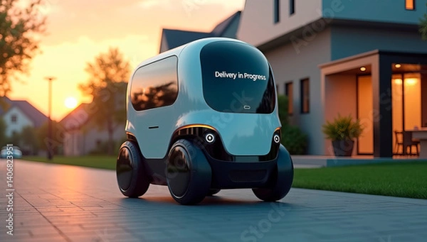 Obraz A small delivery robot navigates a suburban street during sunset, highlighting its sleek design and illuminated message indicating delivery in progress. The houses glow warmly in the background.