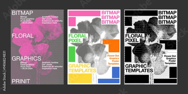 Obraz Floral bitmap graphic poster template dot pixel halftone monochrome square pattern trendy creative abstract digital concept composition cover banner annual exhibition book brochure leaflet flyer