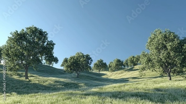 Obraz Tranquil Hillside with Oak Trees