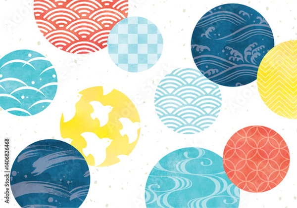 Fototapeta 円の中の波模様ポップな和柄水彩