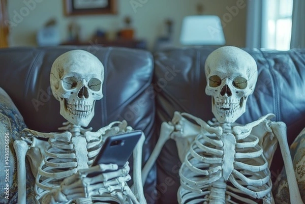 Obraz Two human skeletons sitting on a couch in a living room, one holding a smartphone. Ideal for humorous, Halloween, waiting, or digital addiction concepts.
