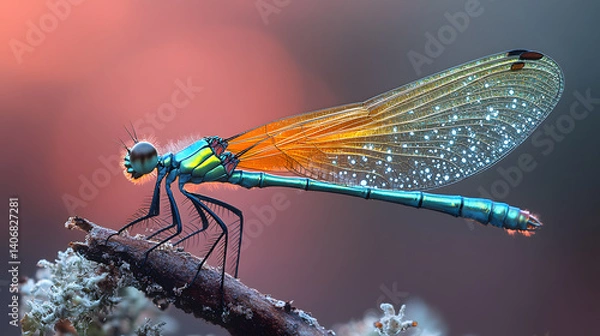 Fototapeta Highly detailed close-up photography of a dragonfly resting on a twig, highlighting its translucent, veined wings and iridescent green and blue body in stunning clarity.