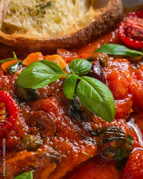 Obraz Classic Italian lasagna with rich tomato sauce, cherry tomatoes, basil, and melted cheese. Served with crispy garlic bread on a rustic, warm-toned background. A comforting and flavorful dish perfect