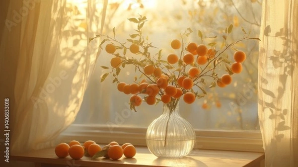 Obraz Orange Berries in Glass Vase by Window in Sunlight