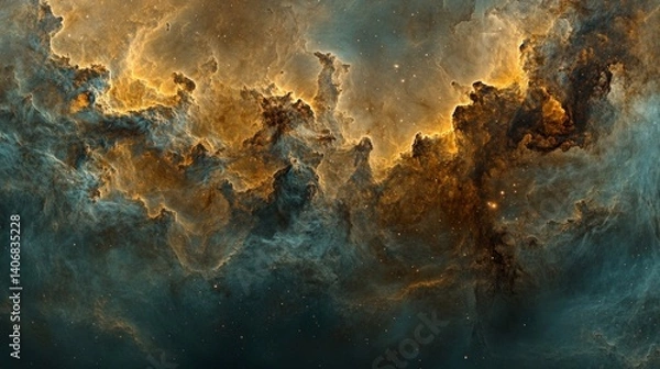 Obraz Cosmic Nebula in Gold Orange and Teal Hues